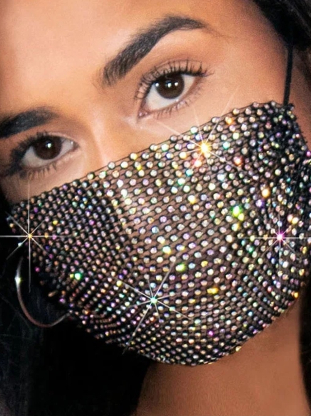 Two Black Mesh Rhinestone Embellished Breathable Face Masks -